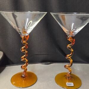 VTG Amber Twisted Stem Martini Glass Clear Bowl 7.5" Mid Century Barware